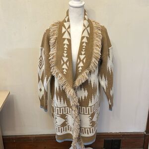 Cocogio Italian beige fringe Aztec design wool blend open cardigan Size S New